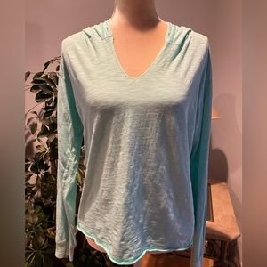 PINK mint space dye long sleeve hoodie dog logo bottom right & raw edge hem XS